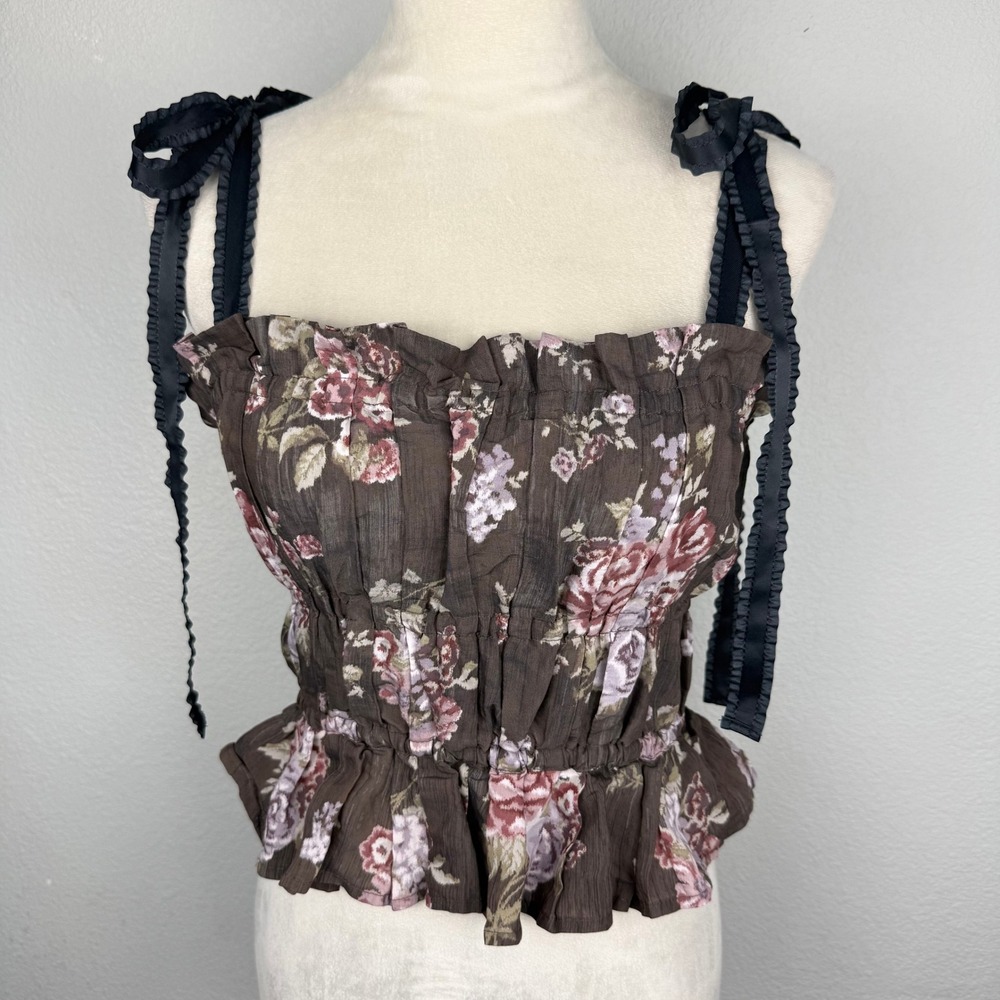 Brock Collection x HM Brown Floral Smocked Tiered Tie Strap Cami Top Sz Medium